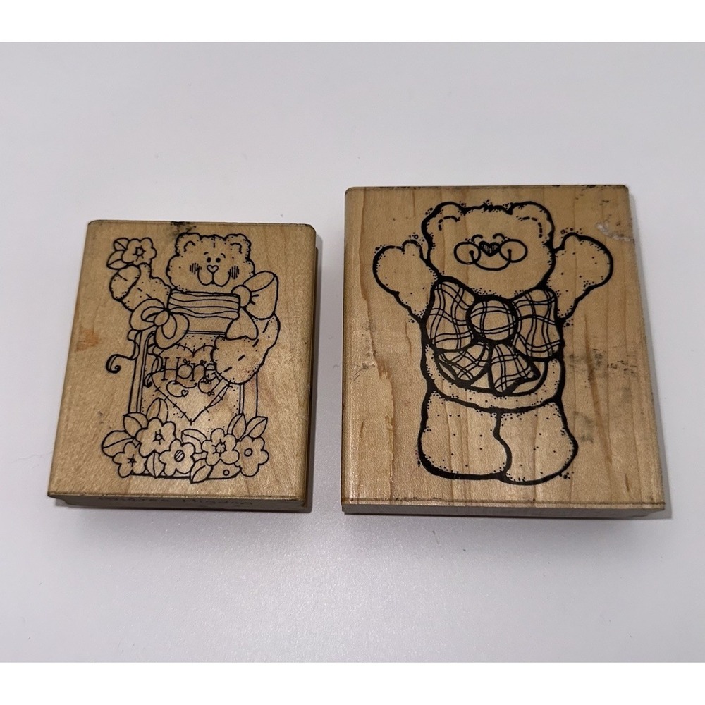 DOTS This Much Bear Q129 Honey Bear N215 Wood Rubber Stamp Lot Of 2 Vintage 90s